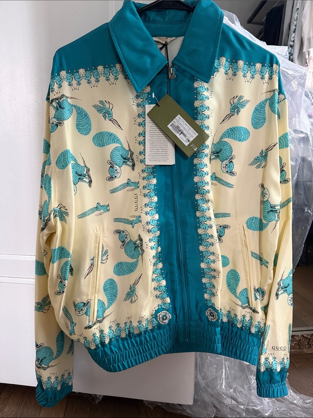 Gucci Teal and Cream Silk-Blend Printed Bomber